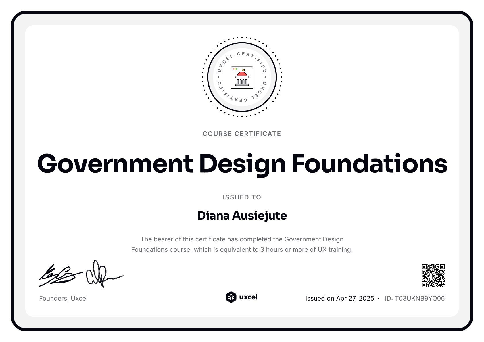Diana Ausiejute's certificate